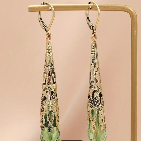 Gold Plated Green Elongated Turkish Earrings - Picture 2 of 3